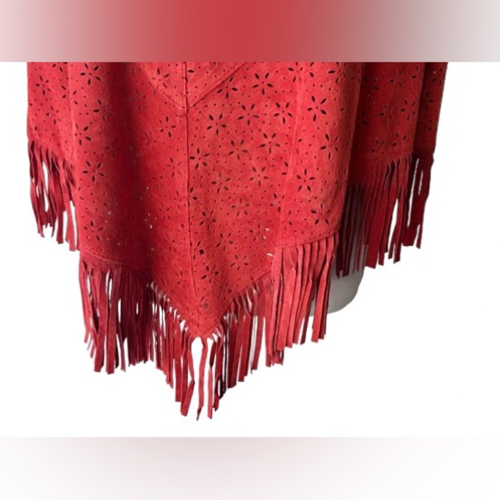 Vintage Suede Fringe Cape Orange Coral Cut Out Leather Shawl Jacket Boho Retro - Picture 4 of 12